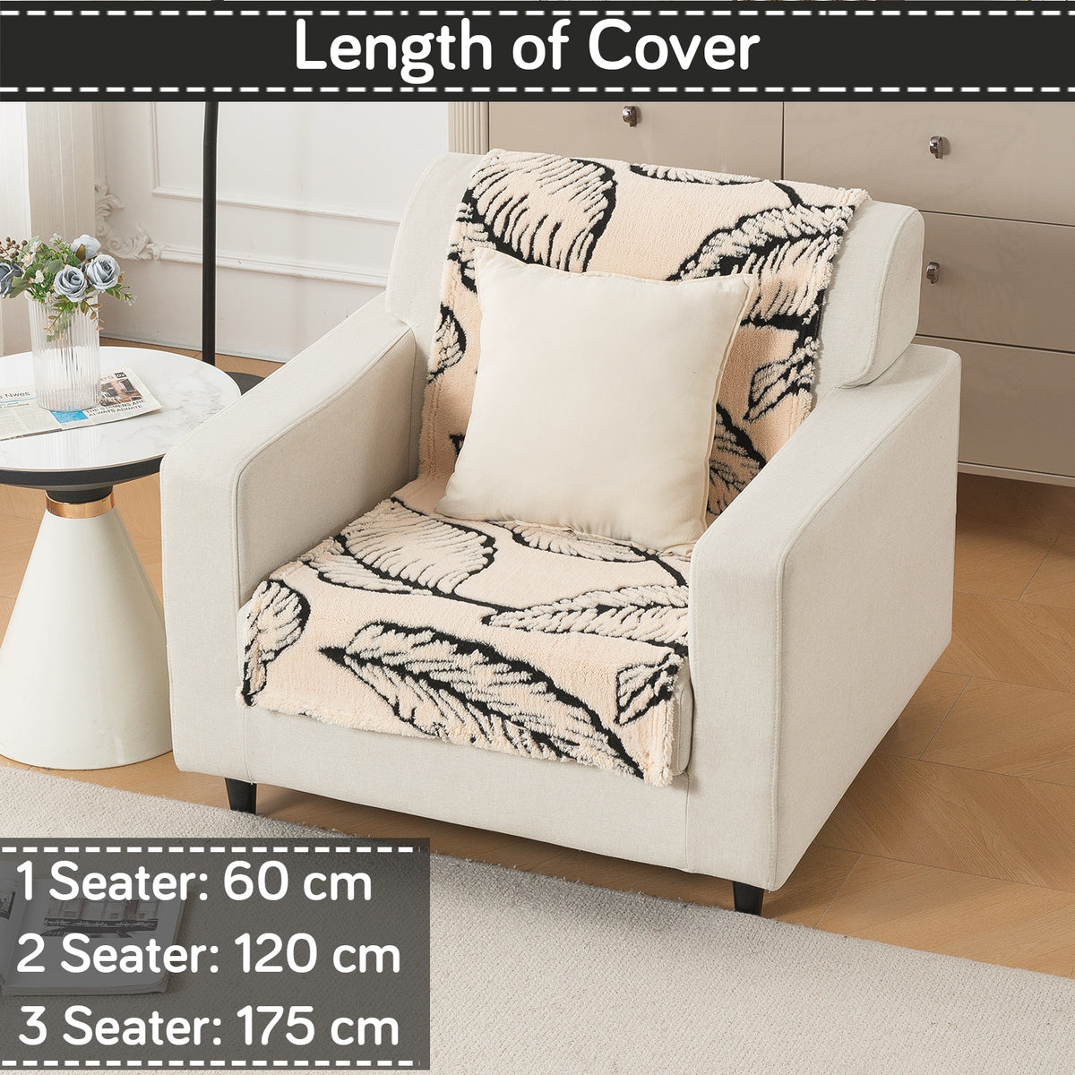 'Noirea Series' Plush Sofa Cover for Seat & Back, Botanical Leaf