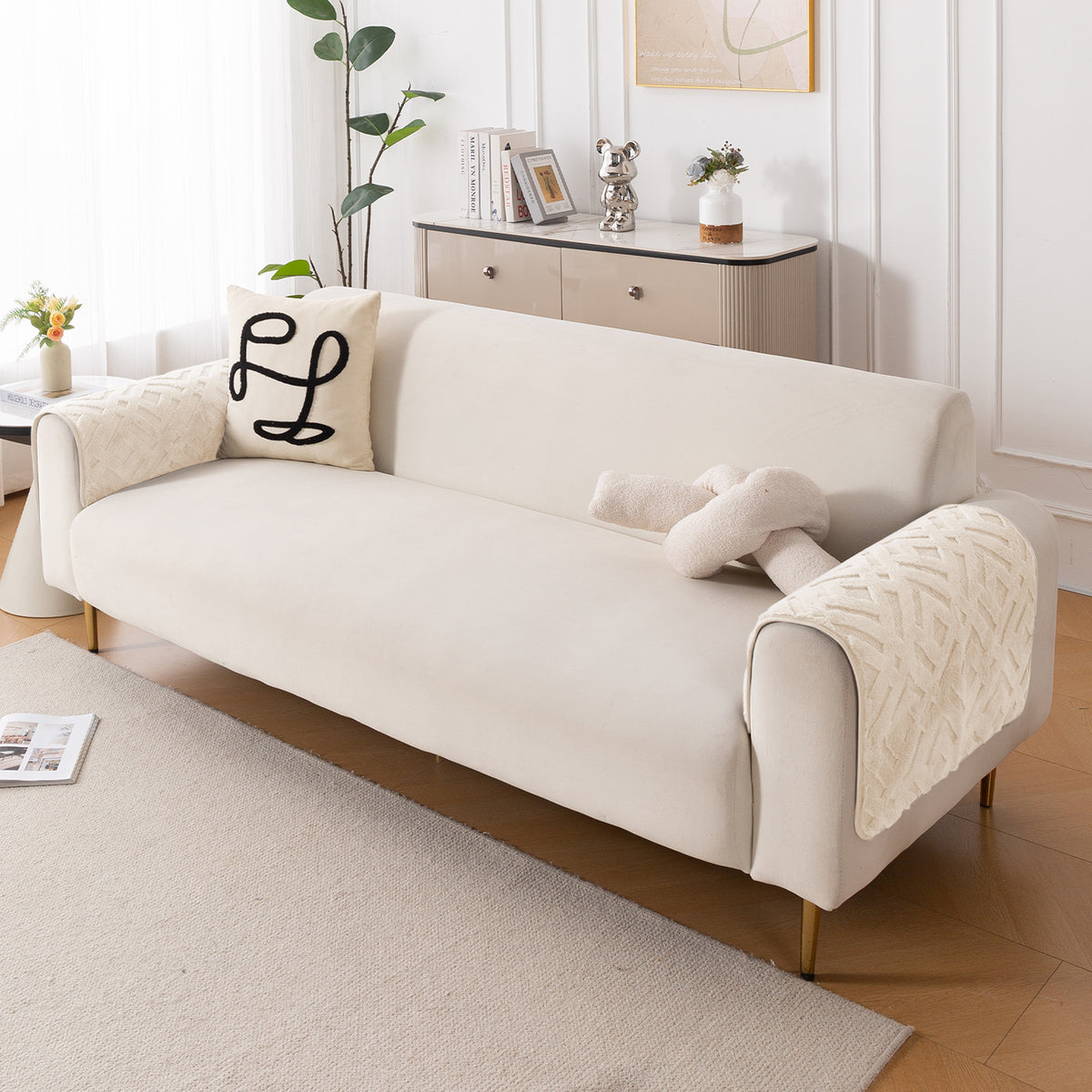 Velvet Maze Sofa Cover Mat, Beige