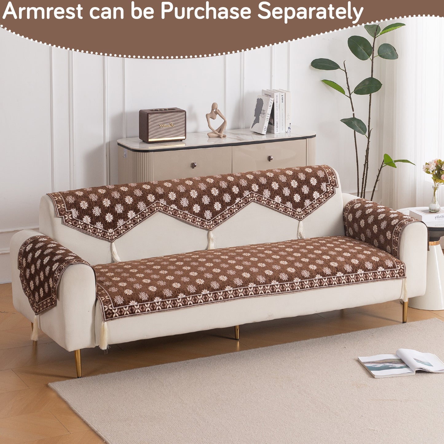 Heritage Weave Premium Jacquard Sofa Cover Set with Tassels - Russet Brown