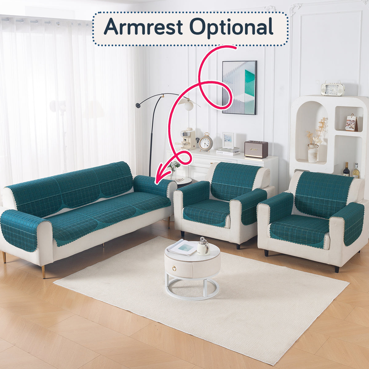 'Comfort Grid Series' Premium Quilted 5 (3+1+1) Seater Sofa Cover Set with Foam Filling | Peacock Blue