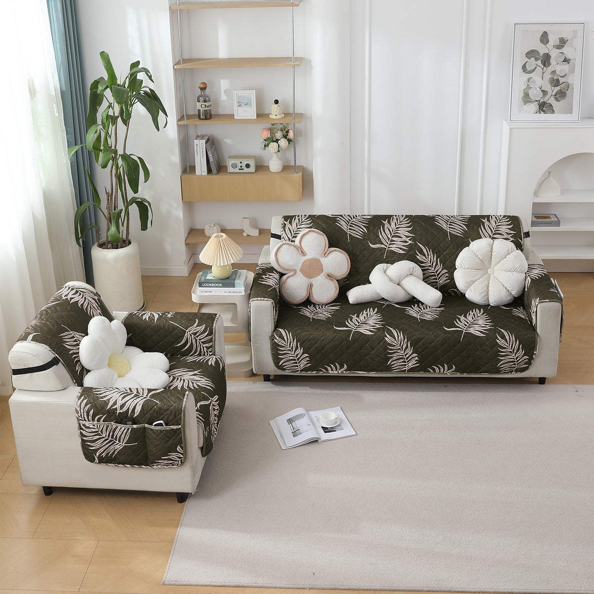 Quilted Waterproof Sofa Cover Mat with Pockets on Armrest Cover - Palm Leaves Olive