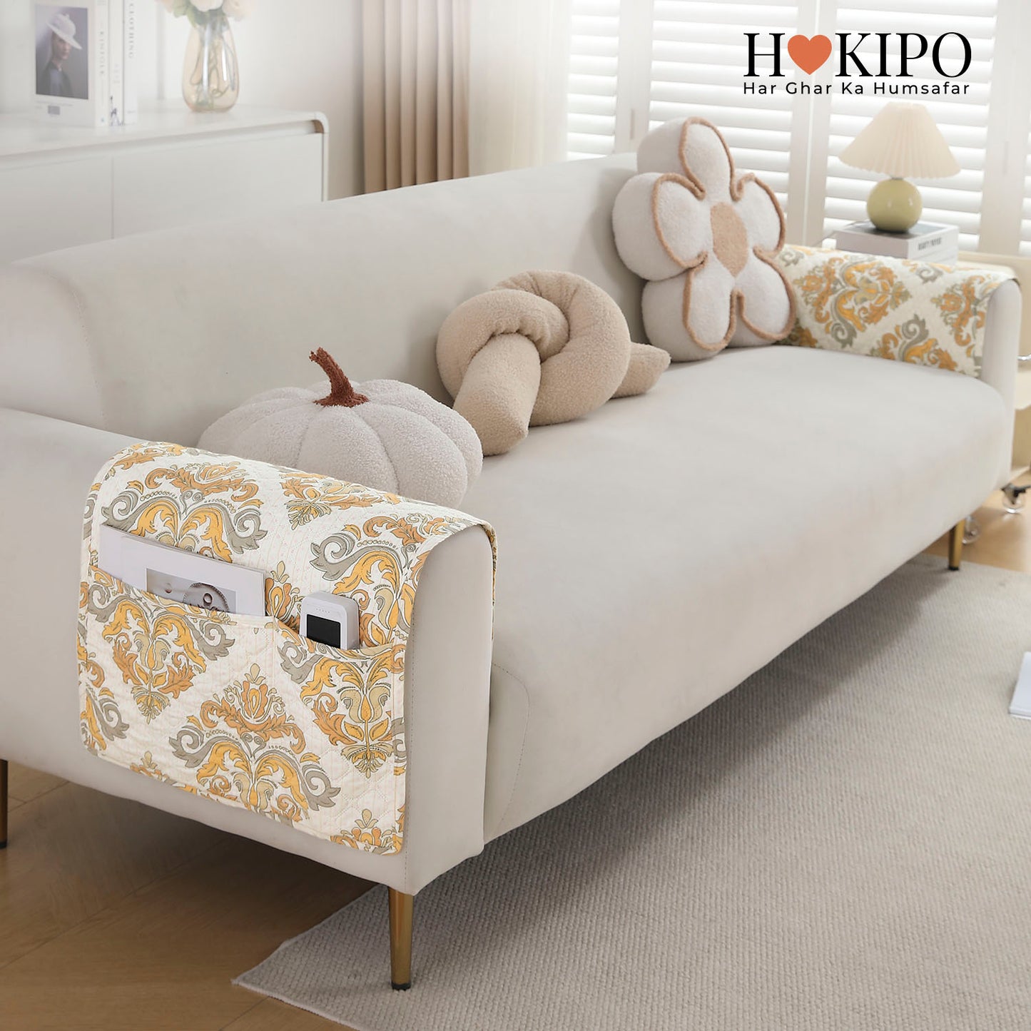 Polyester Printed Quilted Sofa Cover Mats, Damask Beige