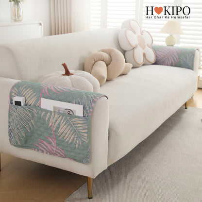 Polyester Printed Quilted Sofa Cover Mats, Tropical Leaves Pastel Green