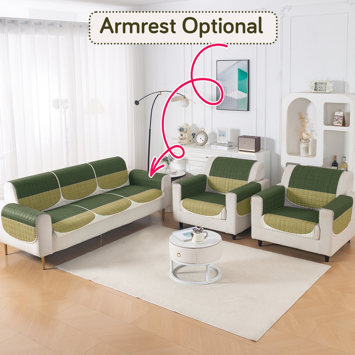 'Comfort Grid Series' Premium Quilted 5 (3+1+1) Seater Sofa Cover Set with Foam Filling | Dark Olive Green