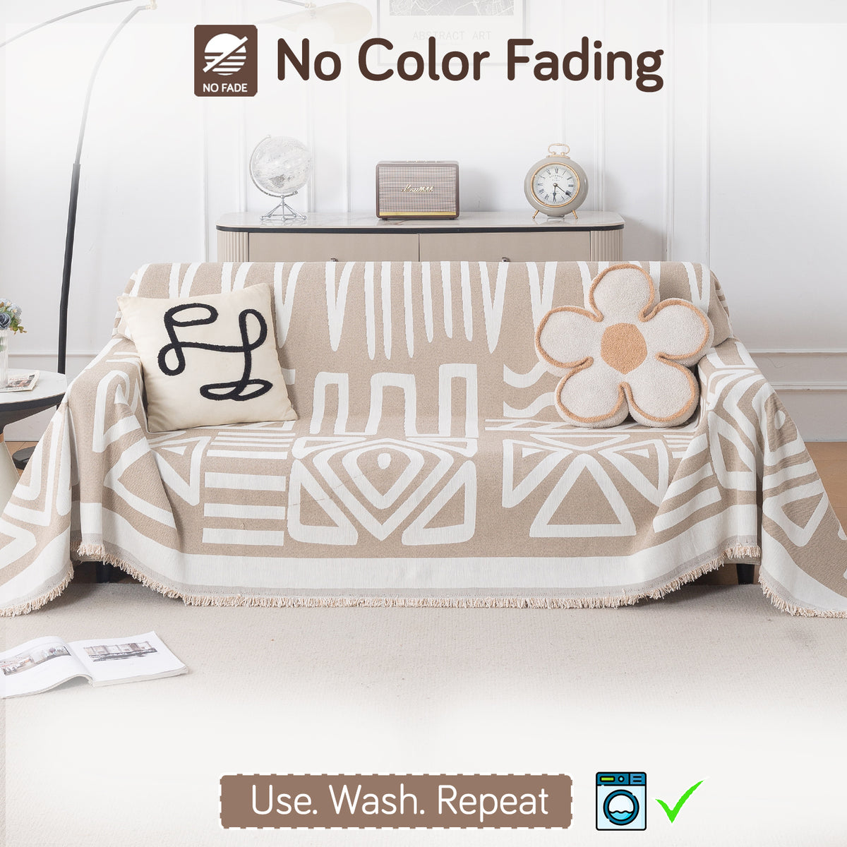 Buy Beige Colour Urban Tribe Chenille 3 Seater Sofa Throw | HOKIPO