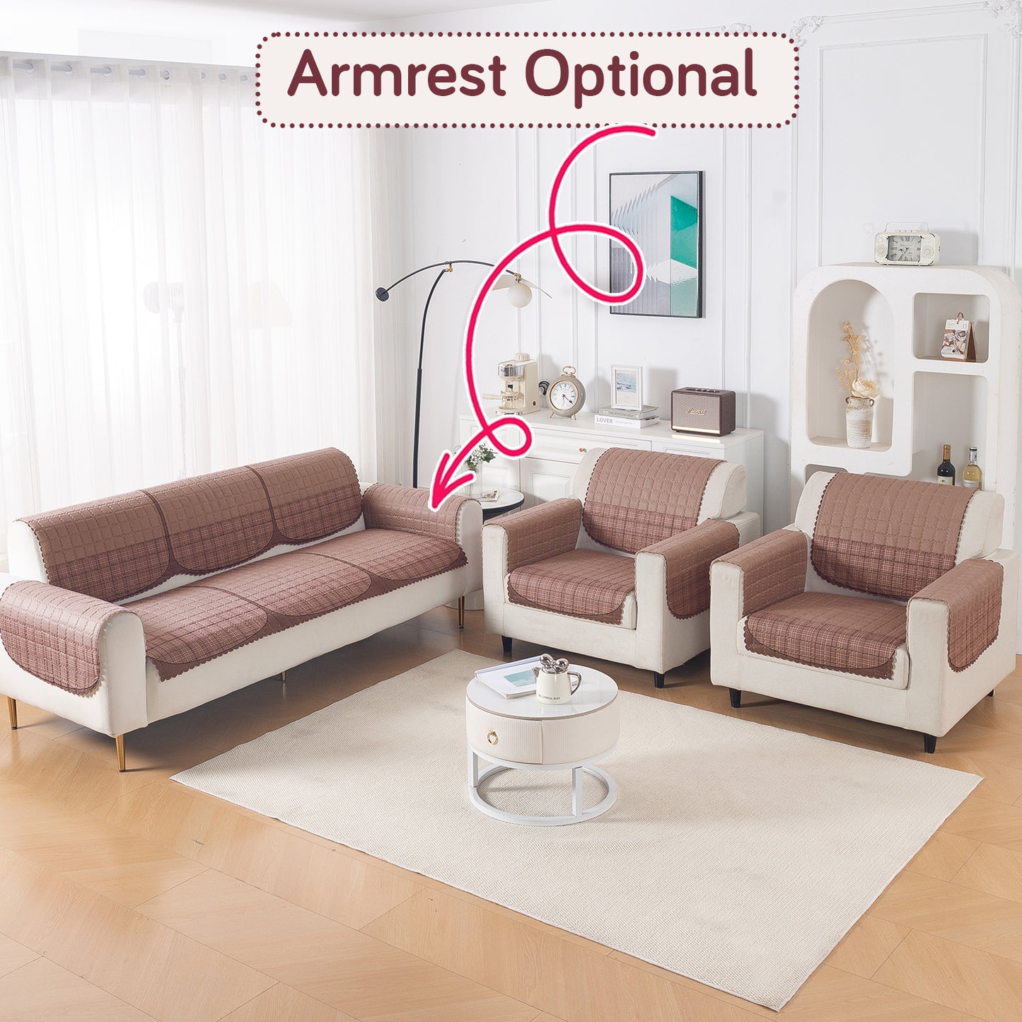 Premium Quilted 5 (3+1+1) Seater Sofa Cover Set with Foam Filling | 'Comfort Grid', Rose Taupe