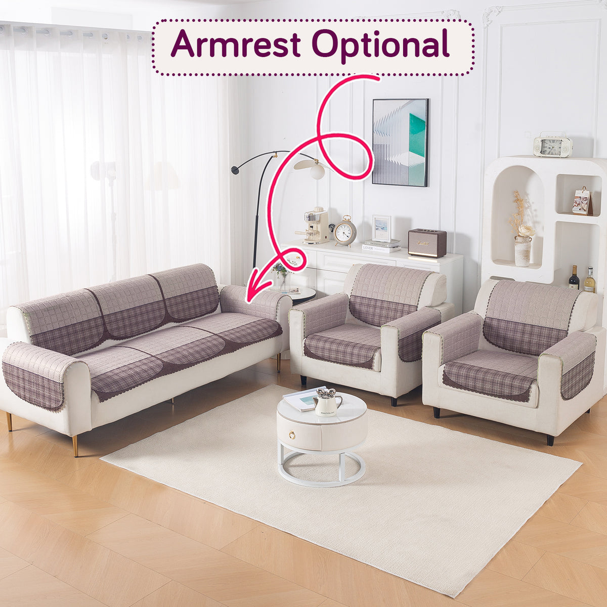 'Comfort Grid Series' Premium Quilted 5 (3+1+1) Seater Sofa Cover Set with Foam Filling | Plum
