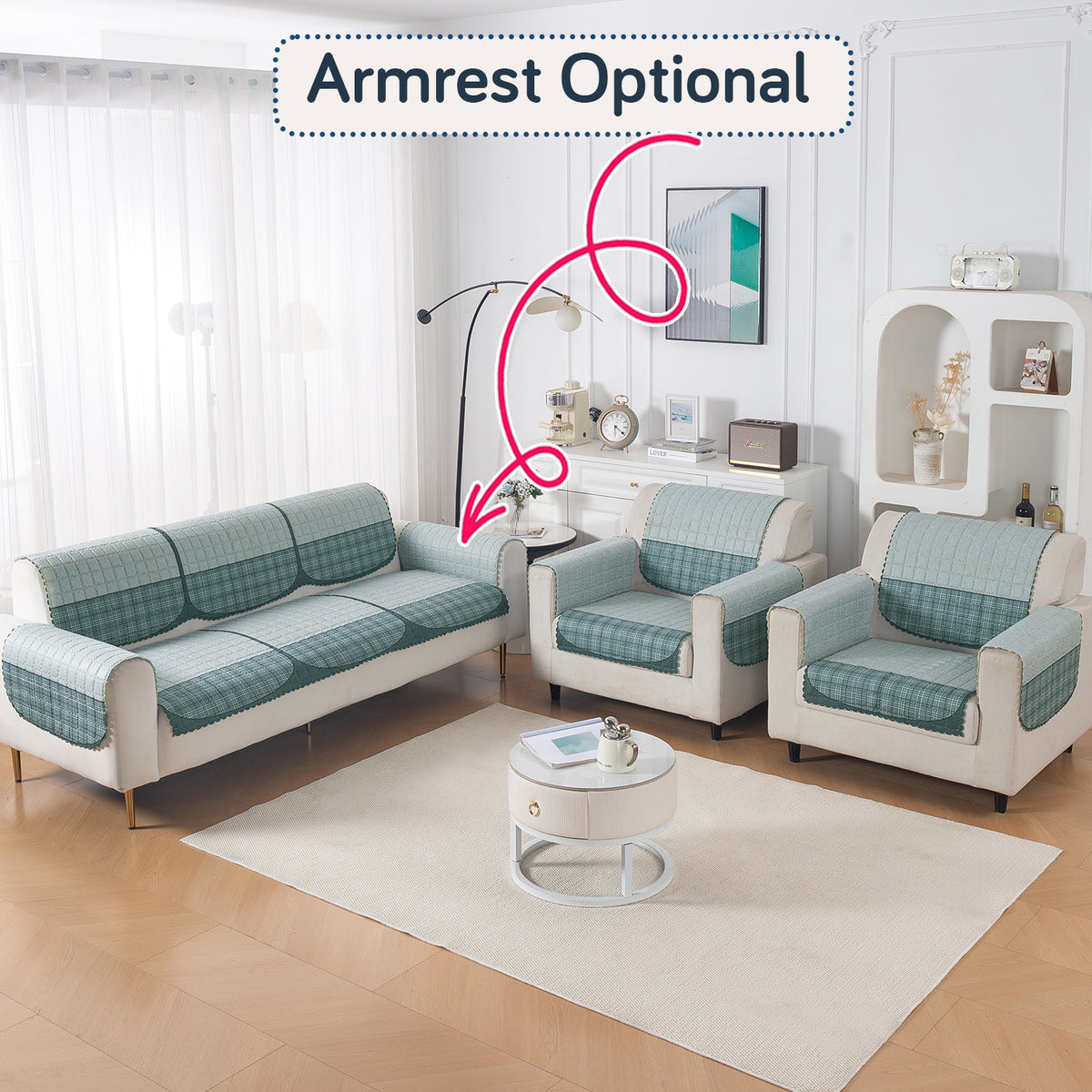 'Comfort Grid Series' Premium Quilted 5 (3+1+1) Seater Sofa Cover Set with Foam Filling | Gentle Blue