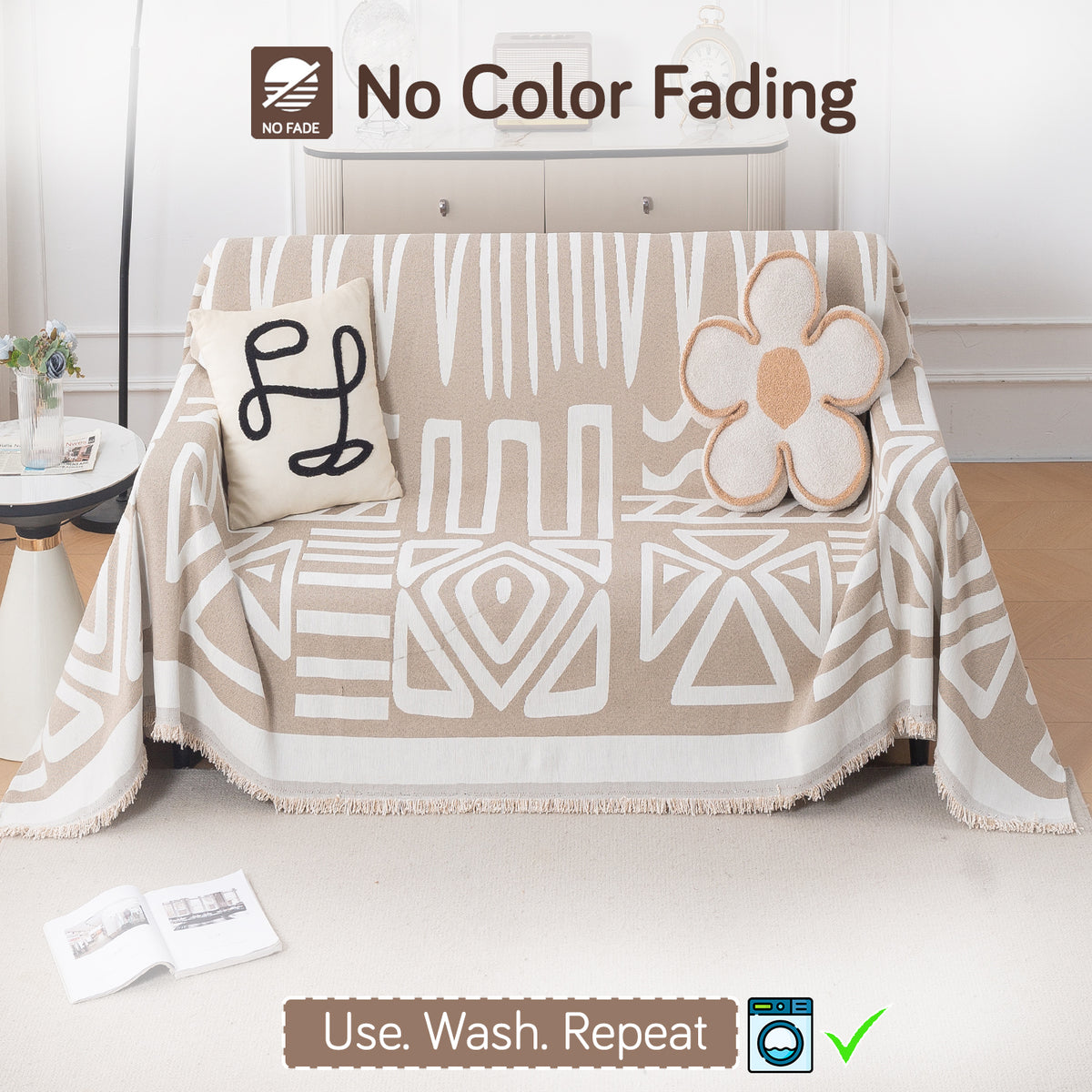 Buy Beige Colour Urban Tribe Chenille 2 Seater Sofa Throw | HOKIPO