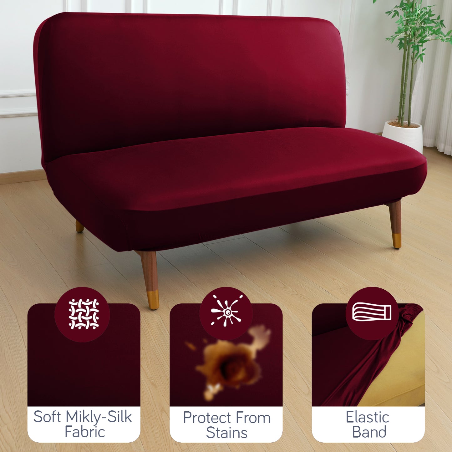 SereneSolids Stretchable Elastic Armless Sofa Cover – 140 GSM, Futon Slipcover, Easy Fit, Burgundy