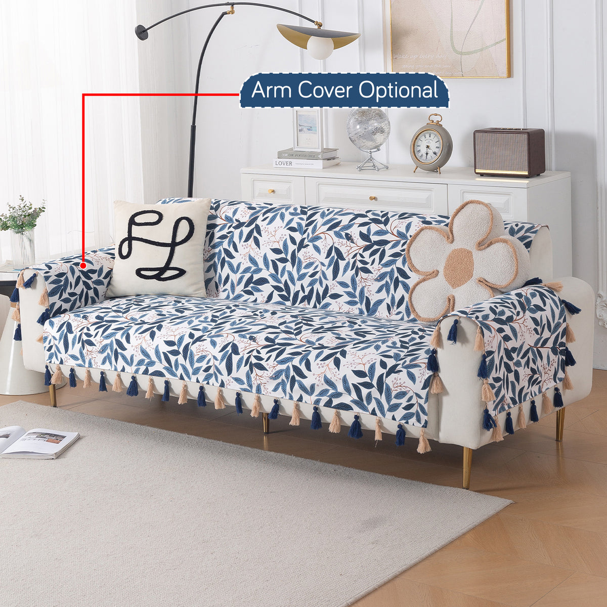 'Whispers of Nature' Series Holland Velvet Sofa Cover with Tassel, Indigo Foliage