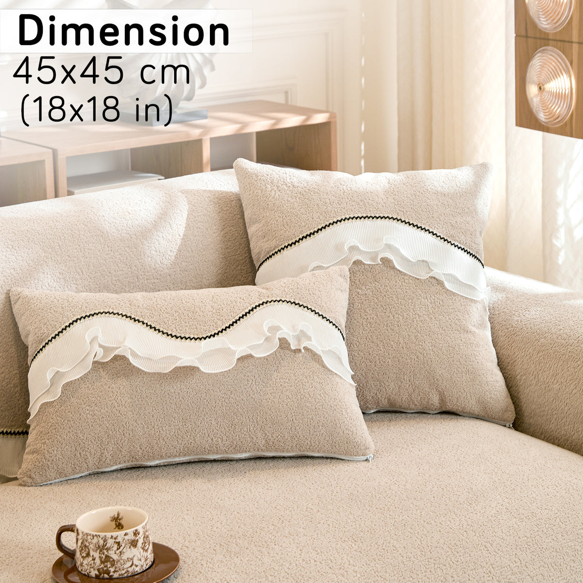 French Classic Frill Sofa Cushion Cover with Elegant Wavy Lace Design - Champagne Beige