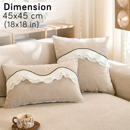 French Classic Frill Sofa Cushion Cover with Elegant Wavy Lace Design - Champagne Beige