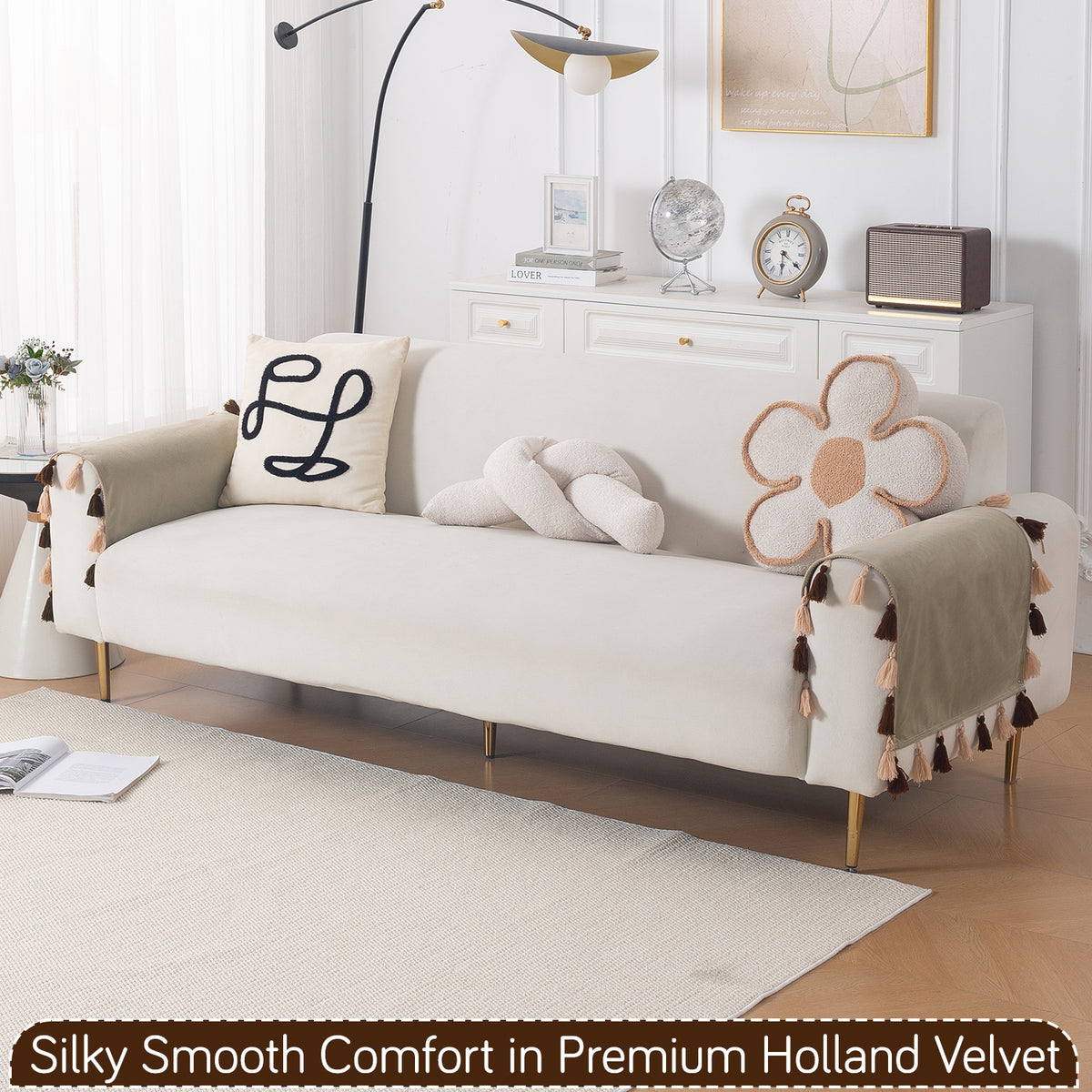 Tassel Tone Holland Velvet Sofa Cover Mat, Sand Beige