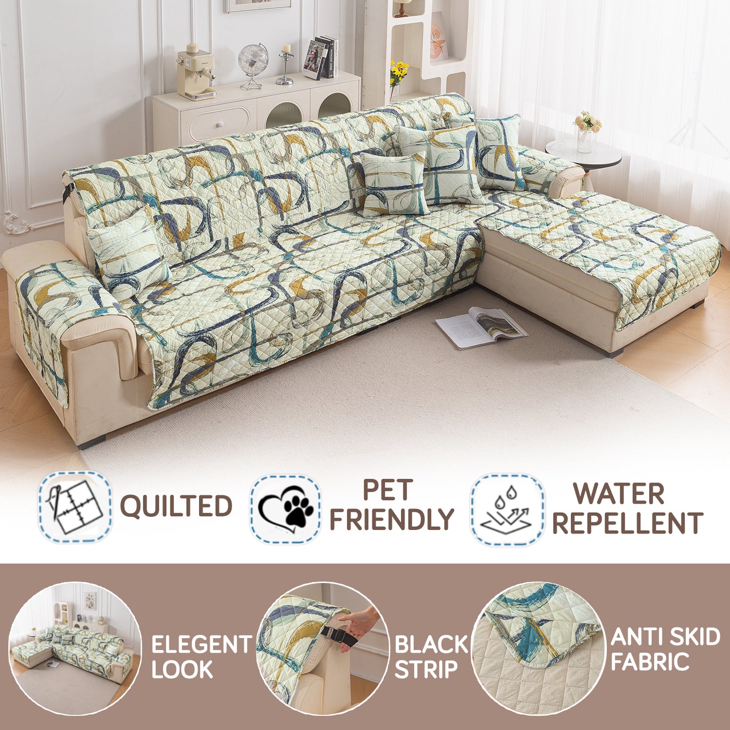 Elira Series Quilted One-Piece L Shape Sofa Cover Mat with Left and Right Chaise, Parchement Beige Abstract Art