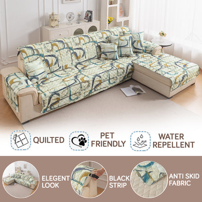 Elira Series Quilted One-Piece L Shape Sofa Cover Mat with Left and Right Chaise, Parchement Beige Abstract Art