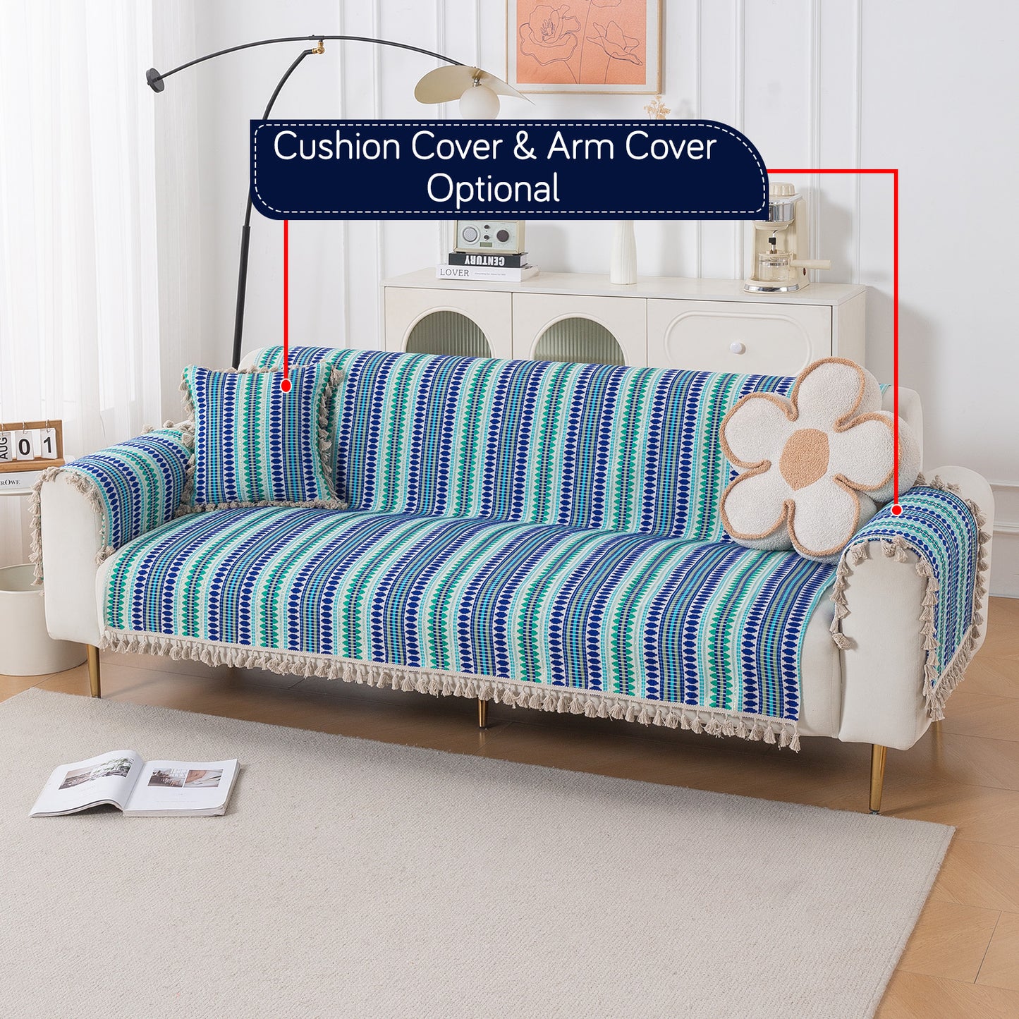 Artisan Boho Series 5-Seater Sofa Cover with Tassels (3+1+1), Royal Blue