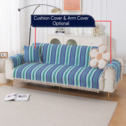 Artisan Boho Series 5-Seater Sofa Cover with Tassels (3+1+1), Royal Blue