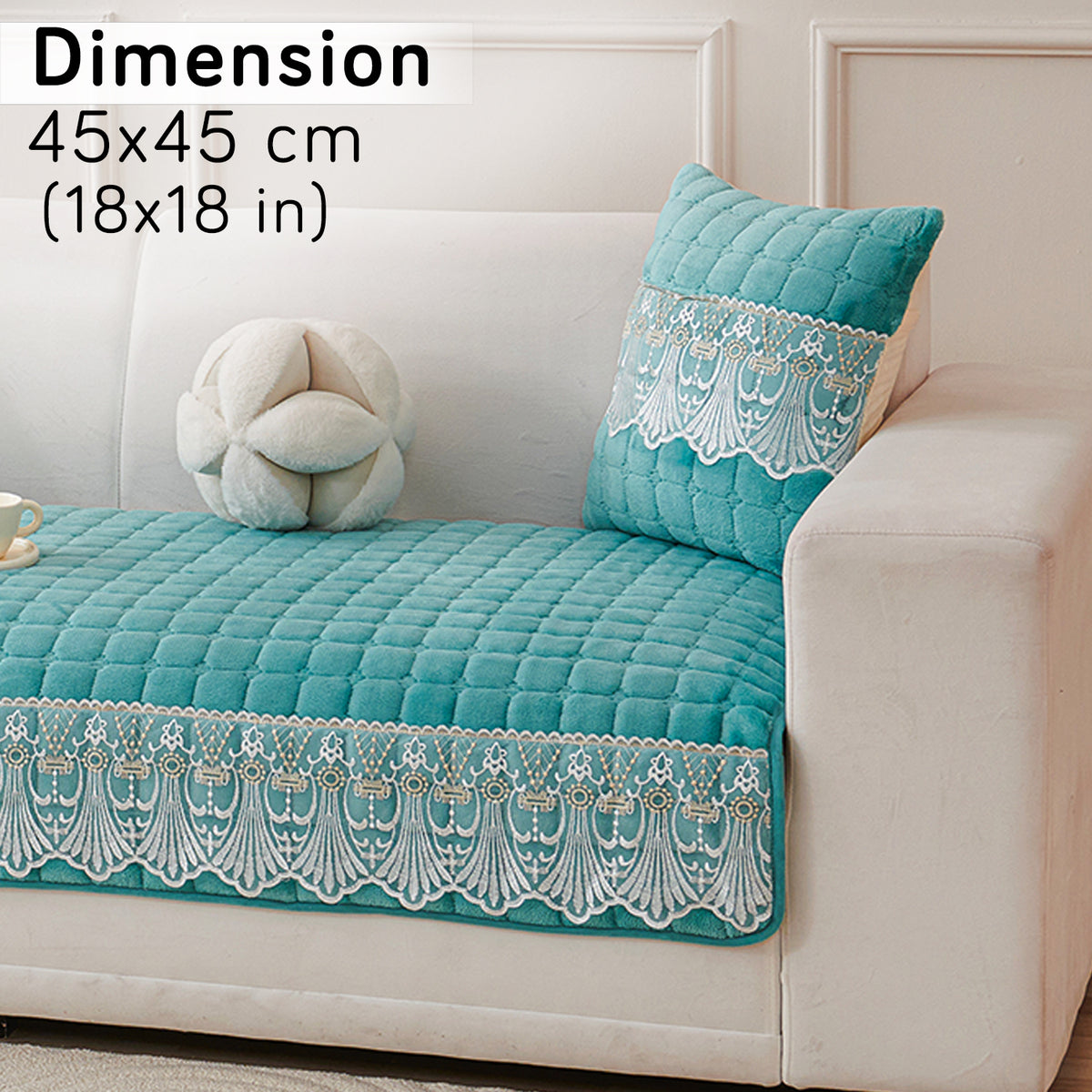 Premium Milk Velvet Sofa Cushion Cover with Lace Design, Teal