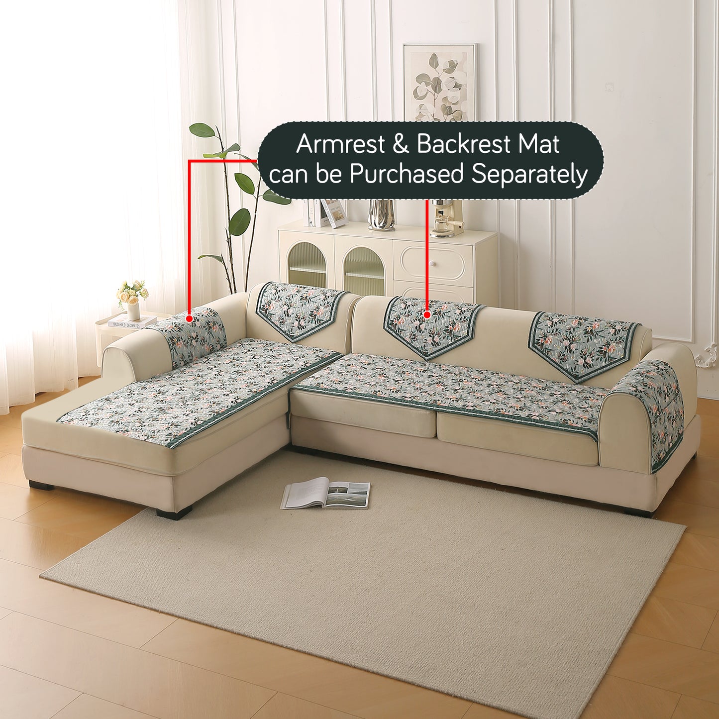 Florentina Series Quilted Holland Velvet L Shape Sofa Seat Mat - Magnolia Green