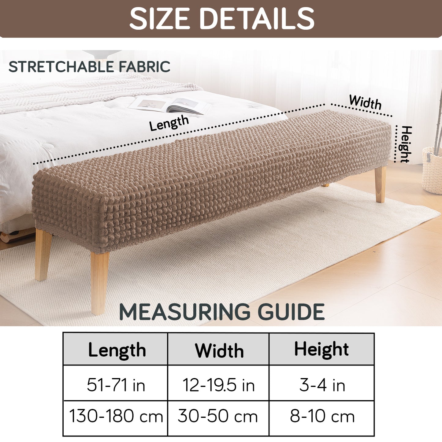 Aria Nova 280 GSM Stretchable Bubble Dining Bench Cover, Mocha Brown