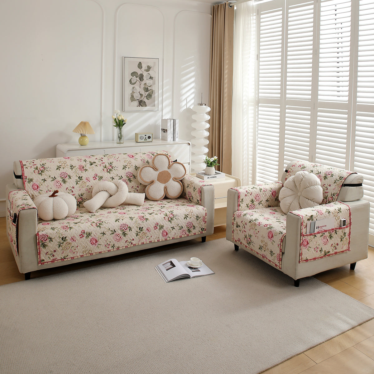 4 Seater Beige Peonies Printed quilted sofa cover set