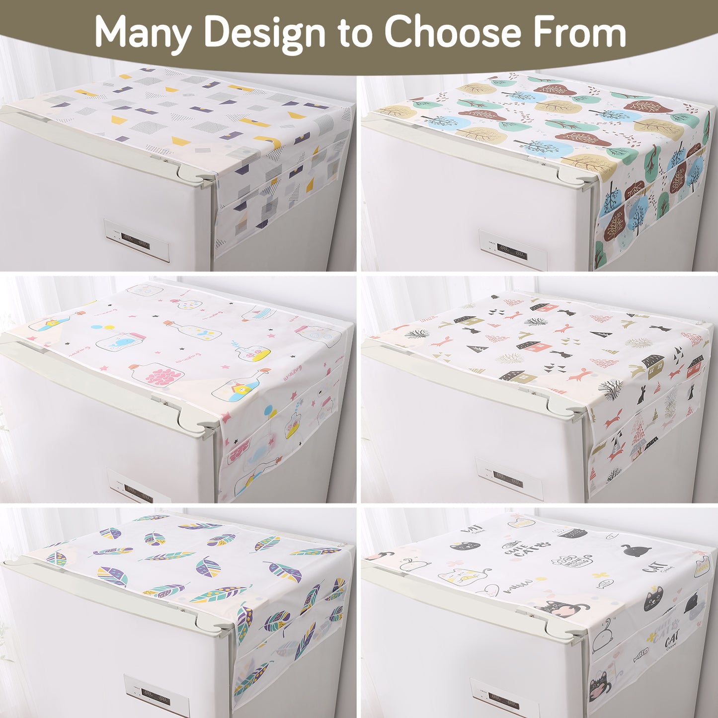 Small / Large Fridge Cover Top | For Smaller Single Door, Double Door and Bigger Double Door Refrigerator - Waterproof, Printed with 6 Side Pockets, Woodland Village