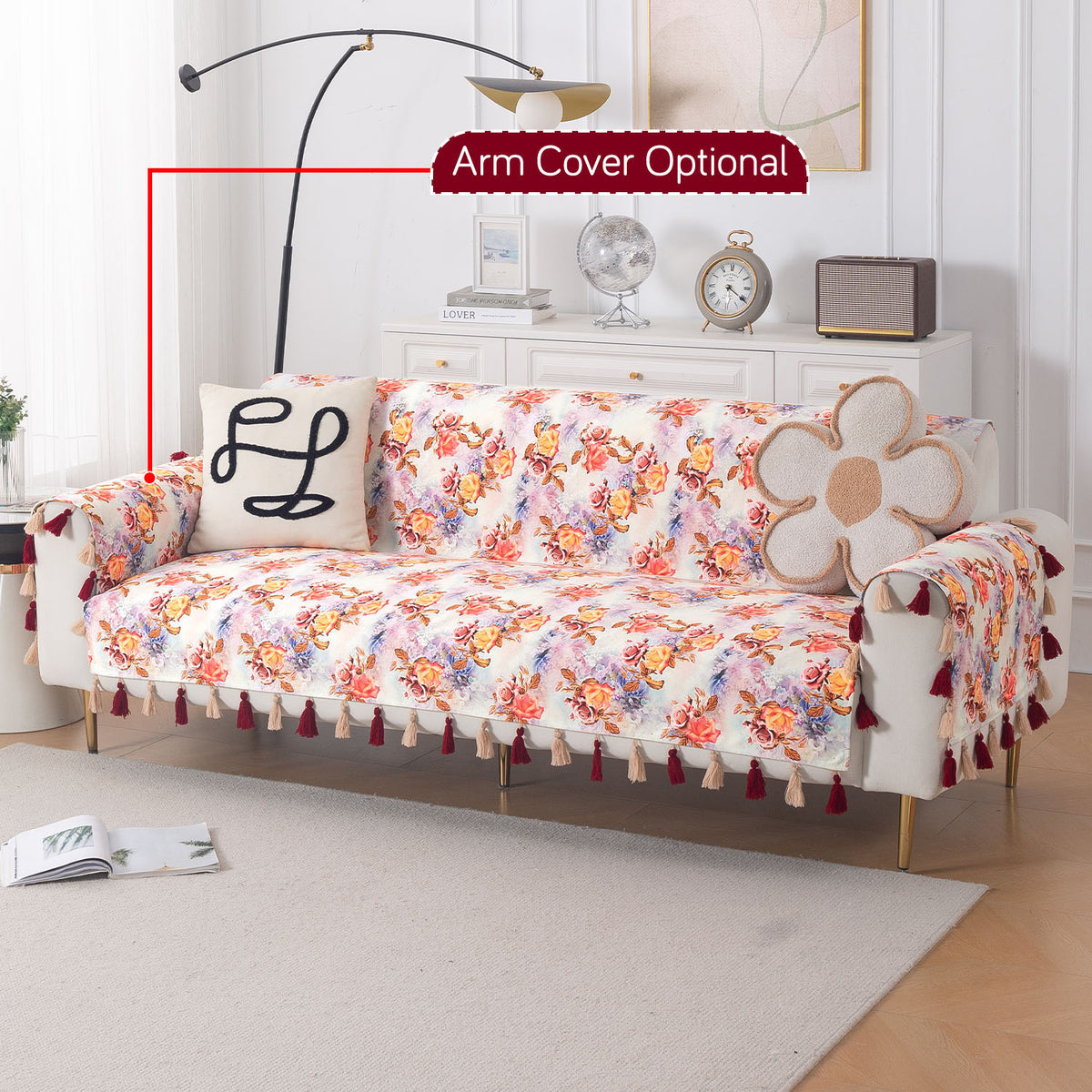 'Whispers of Nature' Series Holland Velvet Sofa Cover with Tassel, Vintage Rose Bloom