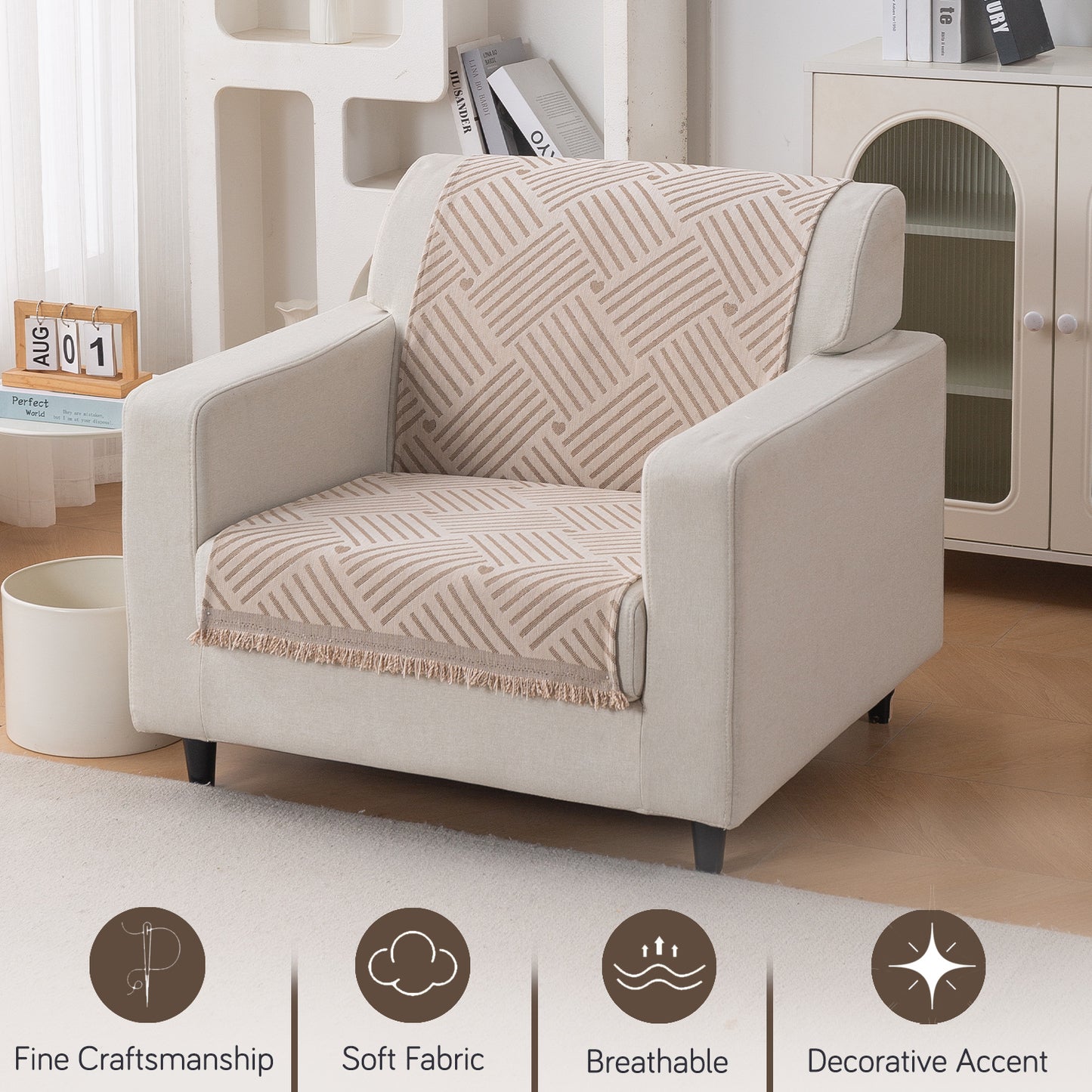 Premium 320 GSM Chenille Sofa Cover 'Serene Abode Series', Beige Geo Weave