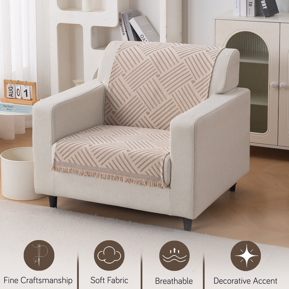 Premium 320 GSM Chenille Sofa Cover 'Serene Abode Series', Beige Geo Weave