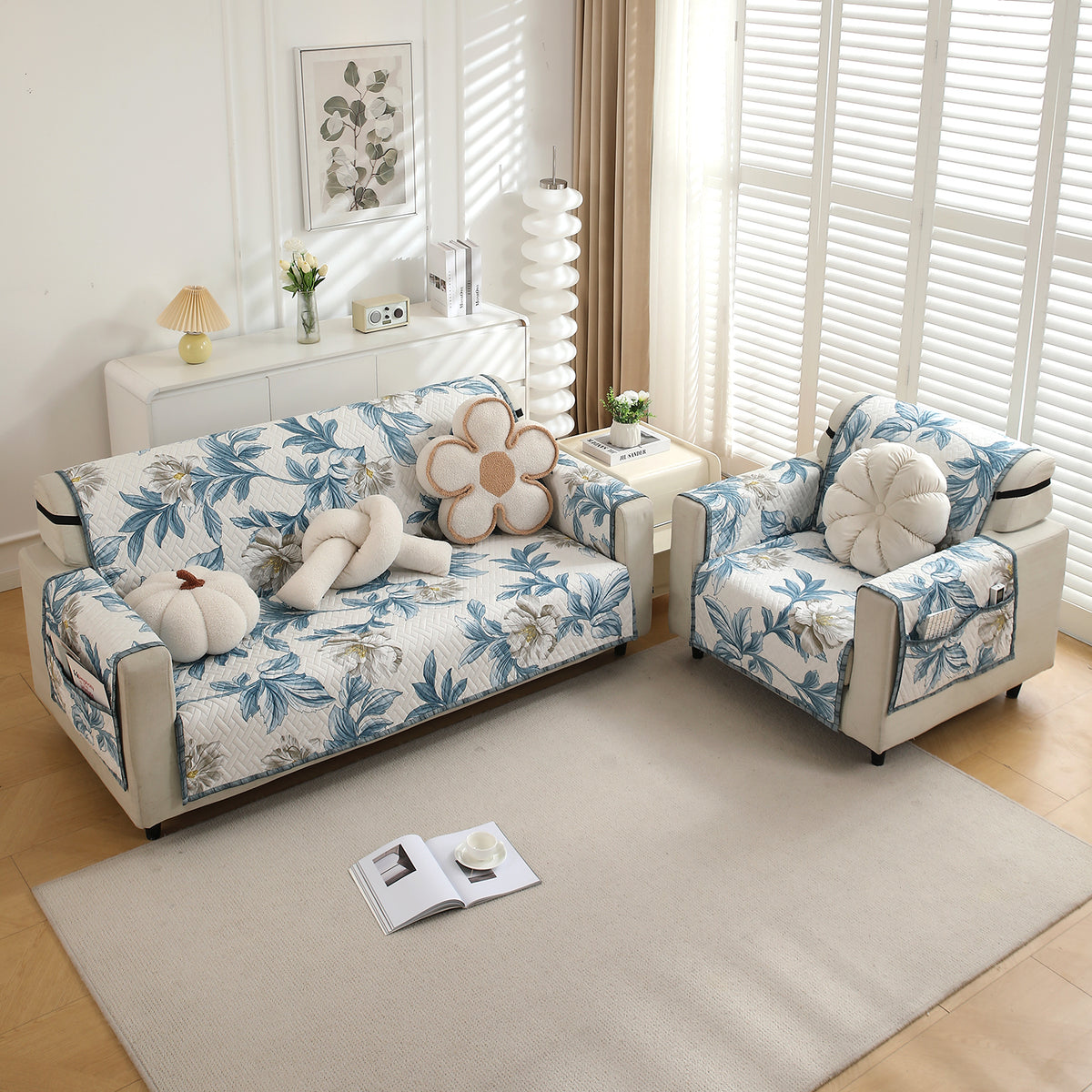 3+1 Seater Celadon Blue Camellia Printed quilted sofa cover