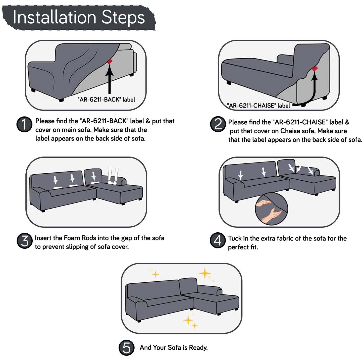 Aria Nova Bubble 2-Piece Stretchable L Shape Sofa Cover with Right Chaise, Dark Grey