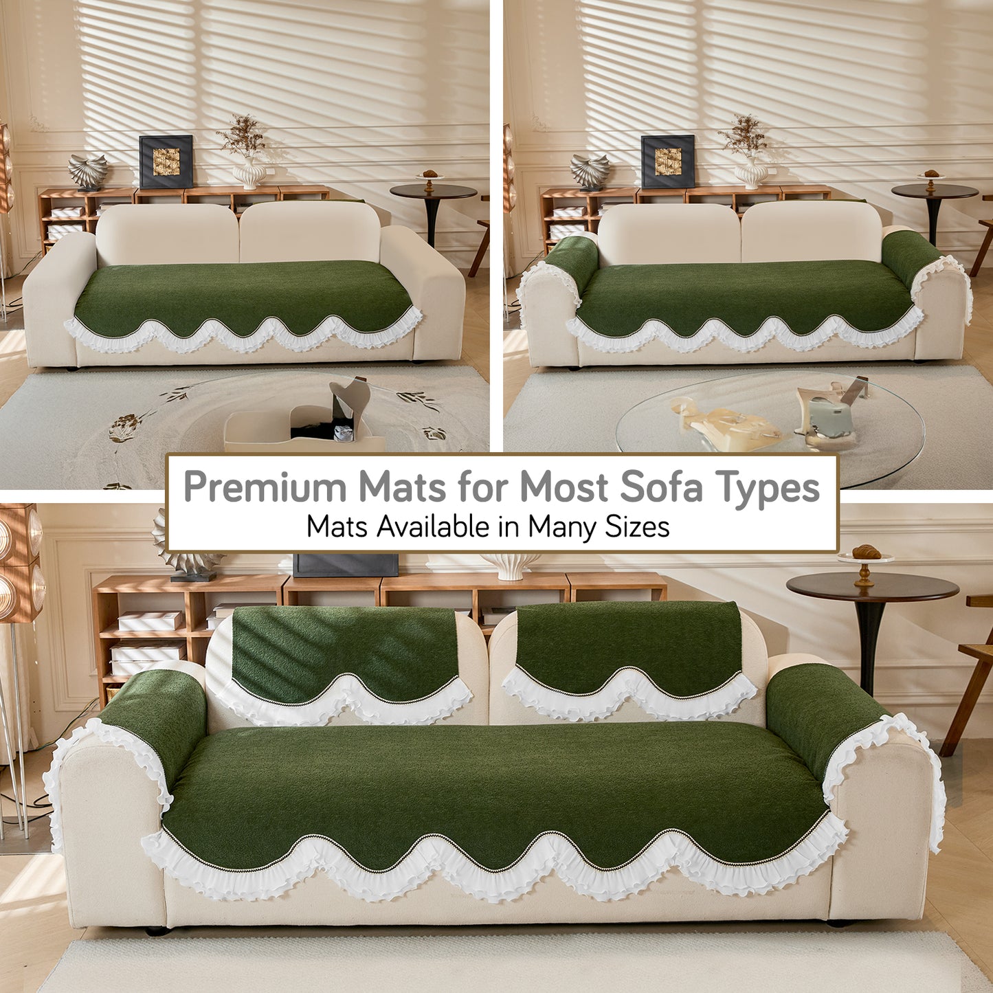 French Classic Frill Wavy Sofa Cover Mat, Dark Olive Green