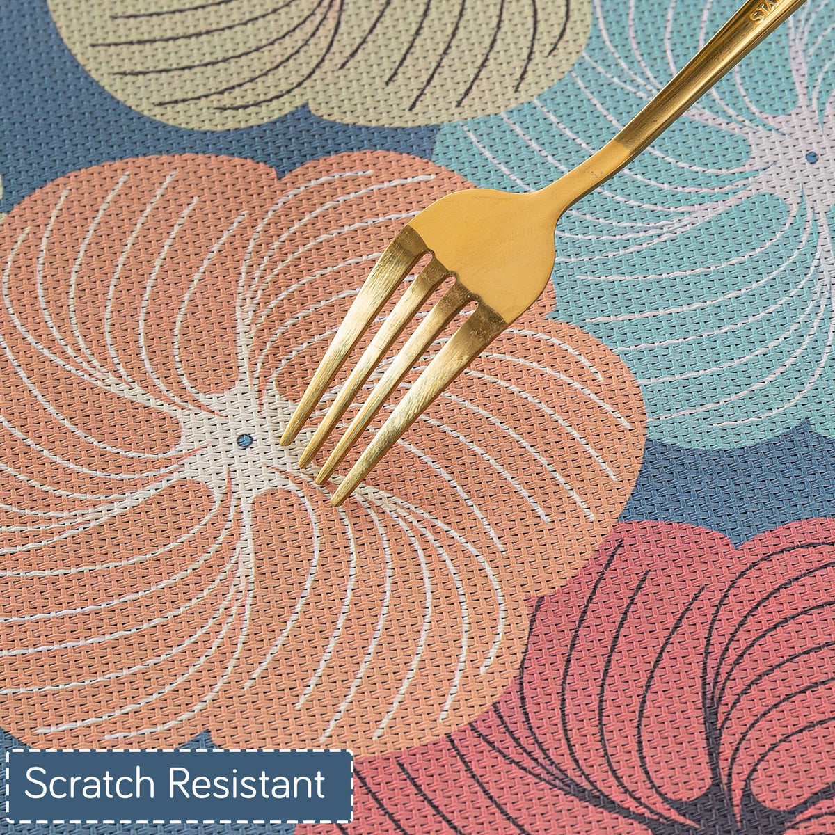 Color Splash PVC Mats for Dining Table, Floral Wheel - Teal Blue