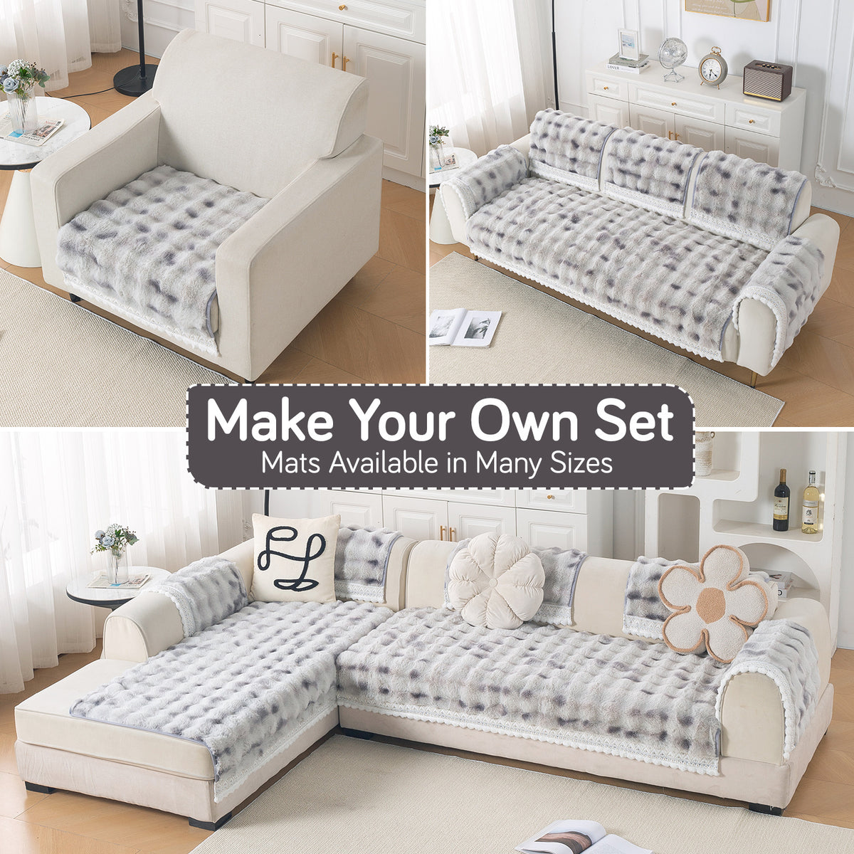 Faux Rabbit Fur Sofa Cover with Lace |Gradient Rabbit Plush, Grey