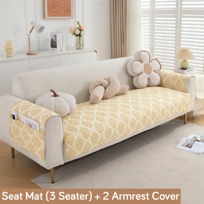 Quilted Sofa Seat Mat with Two Armrest Covers with Pockets for 1/2/3 Seater Sofa, Ogee Ivory