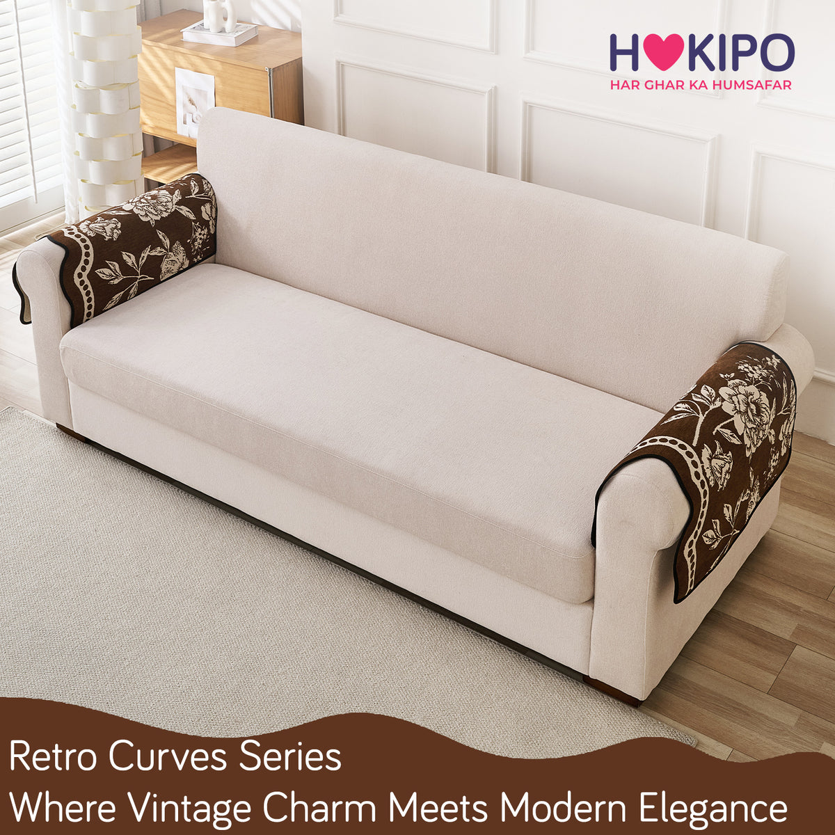 Chenille Sofa Cover Mat with Curvy Edges, 'Retro Curves Series' Sofa Mat, Walnut Brown