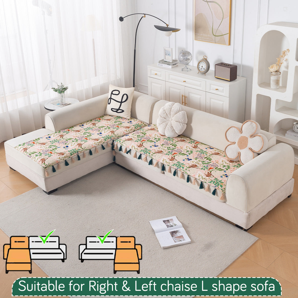Whispers of Nature' Series Holland Velvet L Shape Sofa Cover Seat Mat with Tassels, Beige Woodland Bloom