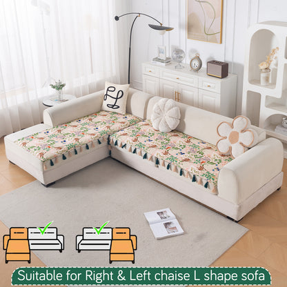 Whispers of Nature' Series Holland Velvet L Shape Sofa Cover Seat Mat with Tassels, Beige Woodland Bloom