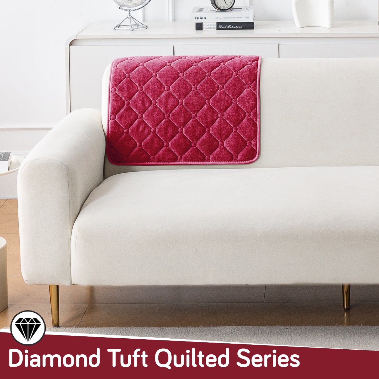 Diamond Tuft Plush Sofa Cover Mat, Raspberry Red