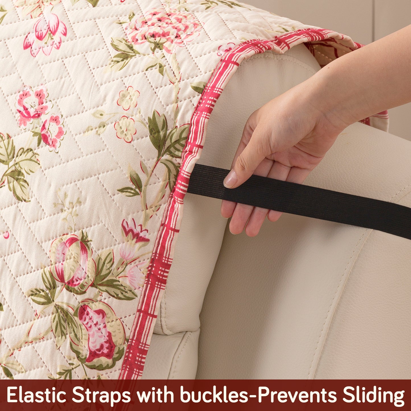 Quilted Cover for Recliner Sofa with SecureFit Belt & Side Pocket, Beige Peonies