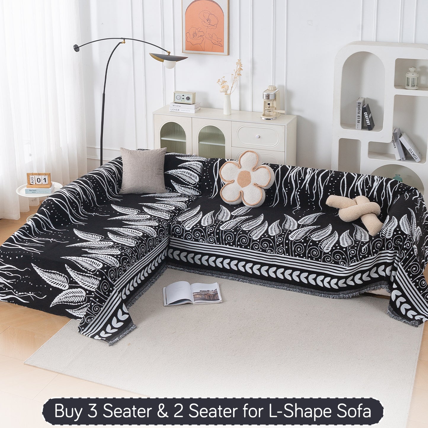 Buy Black Fern Tribal Serene Abode Chenille 3 Seater & 2 Seater for L-Shape Sofa Throw | HOKIPO