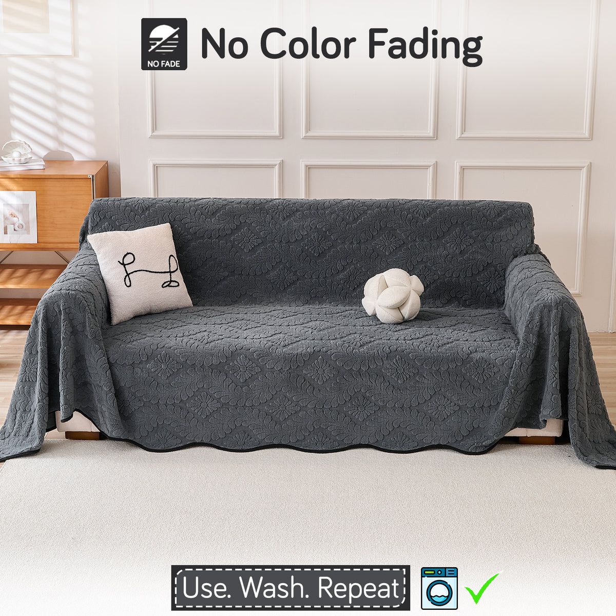 Buy Charcoal Grey Colour Wavy Petal Crest Series Plush Sofa Throw Cover – 3 Seater Sofas | HOKIPO