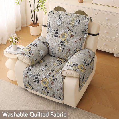 Quilted Printed Recliner Mats for 1 Seater Recliner Sofa, Floral Ash Grey