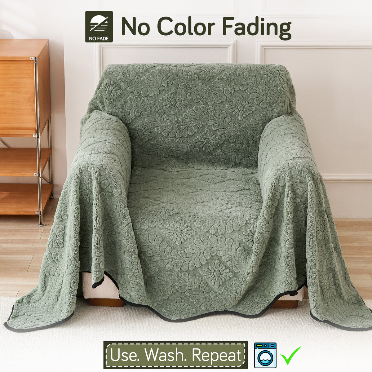 Buy Sage Green Colour Wavy Petal Crest Series Plush Sofa Throw – Single Seater Sofas | HOKIPO