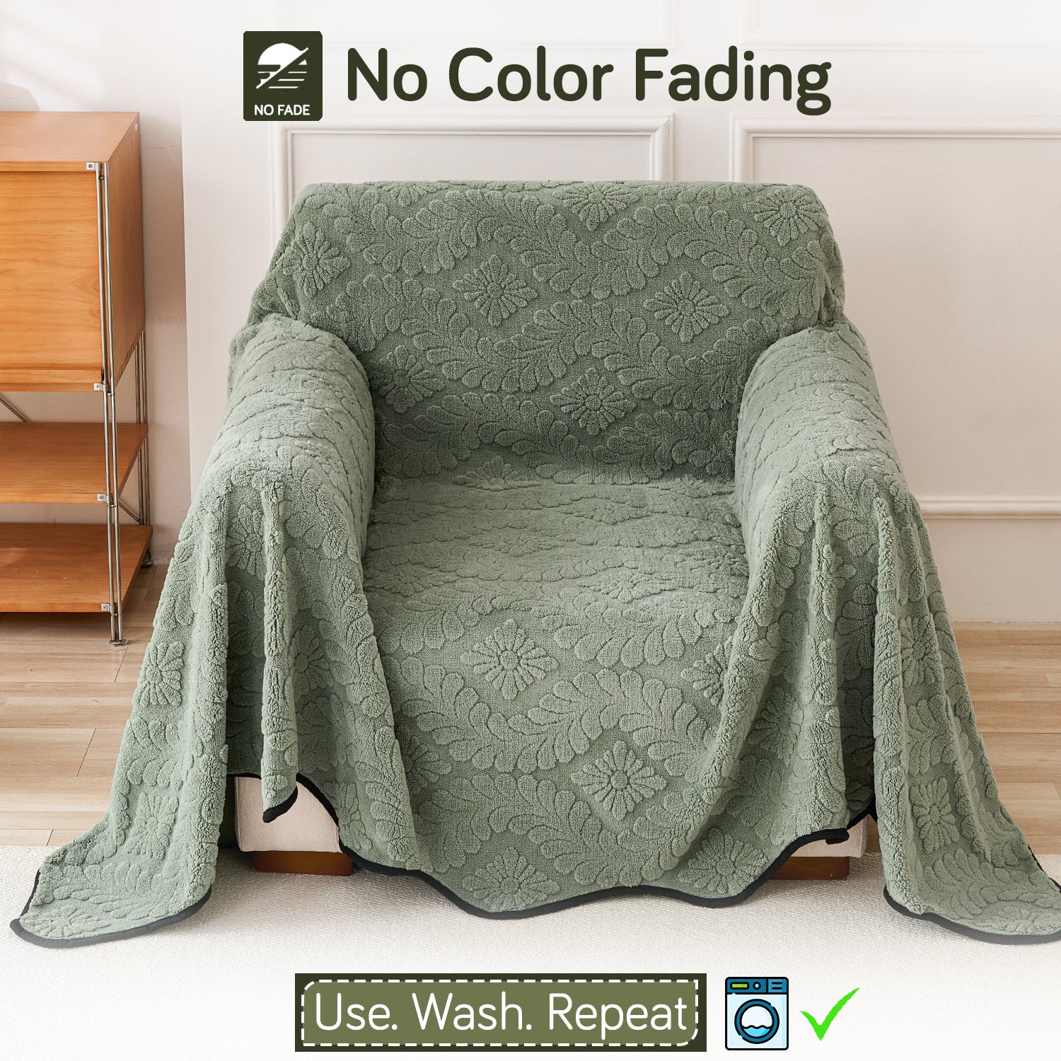 Buy Sage Green Colour Wavy Petal Crest Series Plush Sofa Throw – Single Seater Sofas | HOKIPO