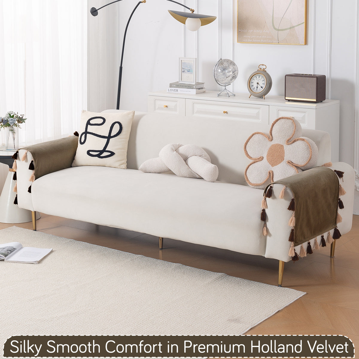 Tassel Tone Holland Velvet Sofa Cover Mat, Coffee Brown