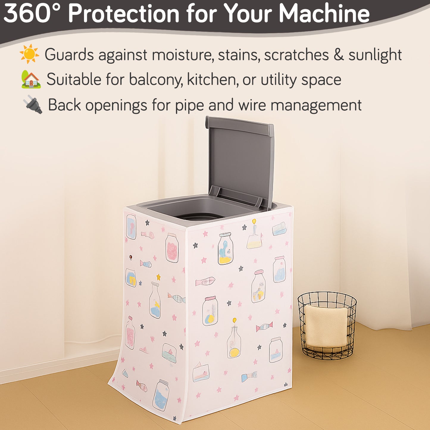 Waterproof Front Load / Top Load Washing Machine Cover | PEVA Dustproof Protective Cover for 6kg, 6.5kg, 7kg & 7.5kg Fully Automatic Machines, Whimsical Bottles