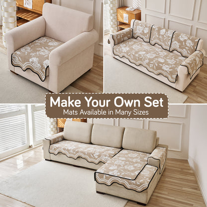 Chenille Sofa Cover Mat with Curvy Edges, 'Retro Curves Series' Sofa Mat, Sand Beige
