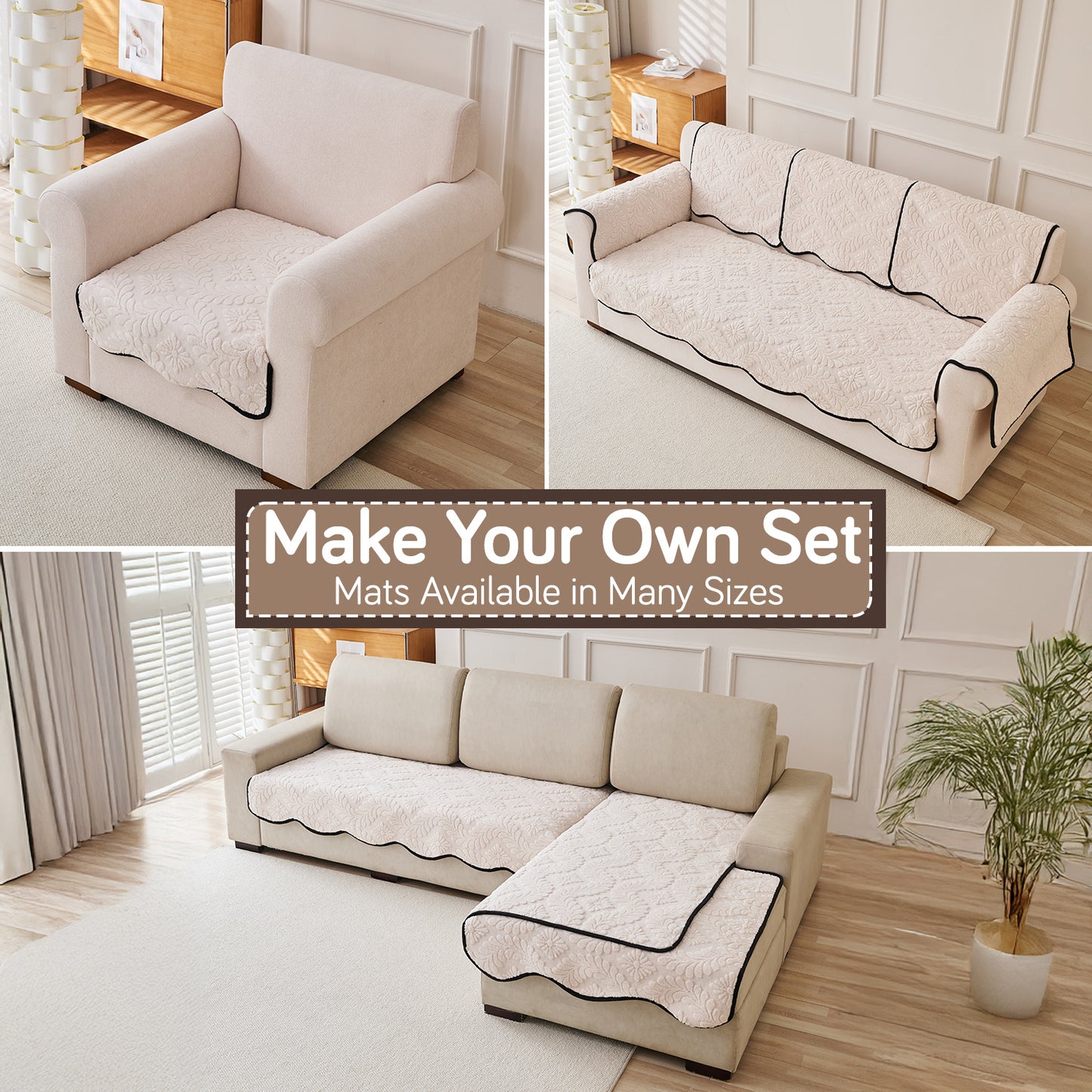 Embossed Floral Jacquard Anti-Slip Sofa Cover Mat, 'Wavy Petal Crest Series' Light Cream